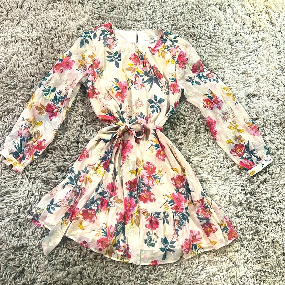 Loft NWT Sz. 4P Floral Shimmer and Shine long sleeve circle skirt dress